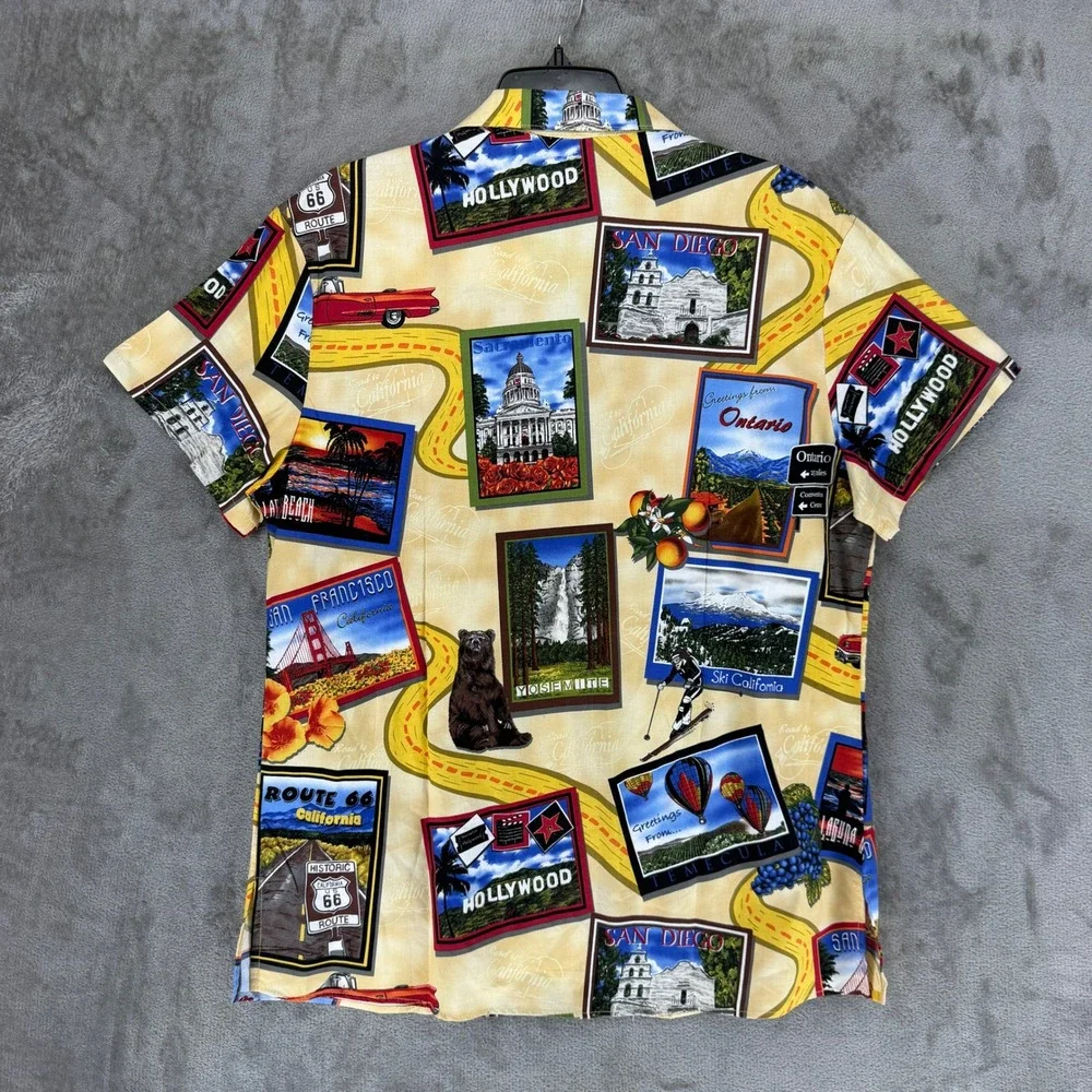 Hoffman California Fabrics‎ Mens XL Postcard Print Shirt Road to California USA